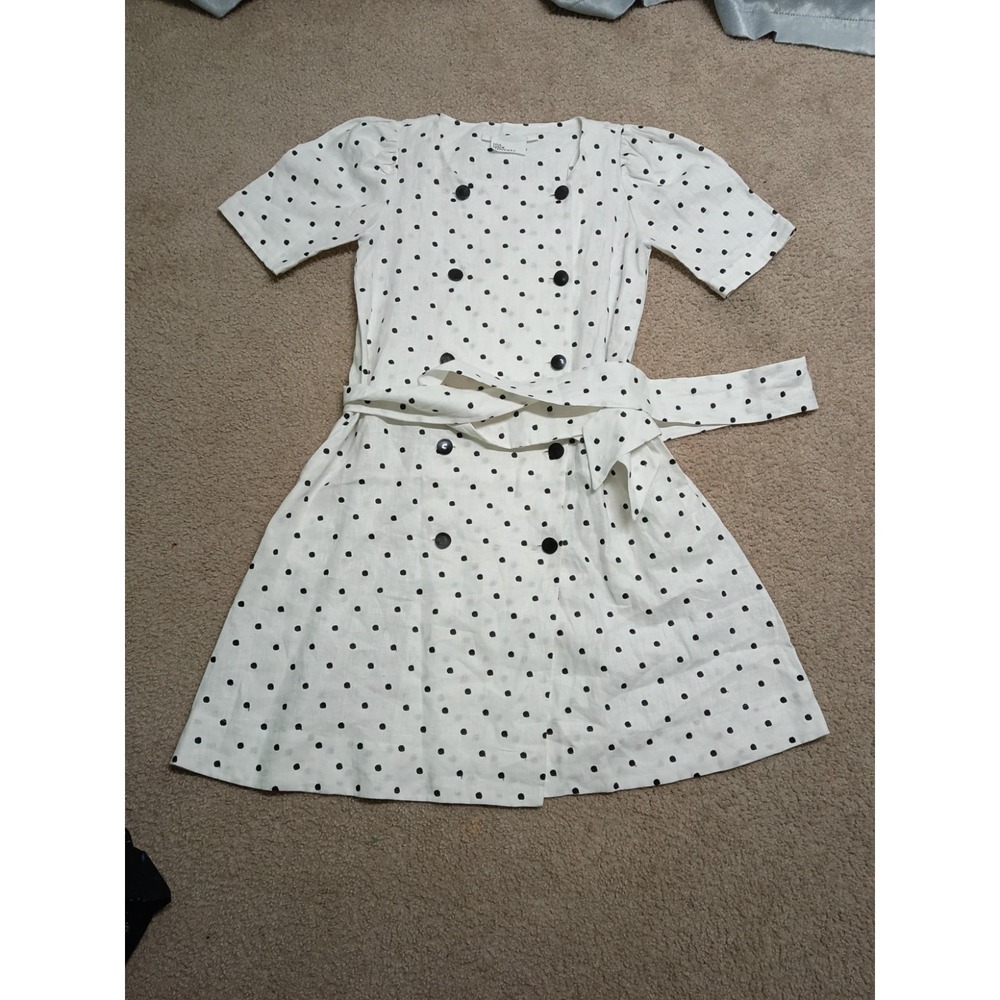 Lisa Marie Fernandez Diana Polka Dot 100% Linen Dress White $695 Made In USA  S
